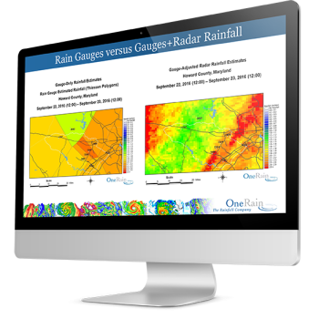 OneRain’s professionally calibrated and contiguous set of StormData™  Gauge-Adjusted Radar Rainfall (GARR) can be georegistered and used for a variety of purposes. By combining rain gauge data with radar data, the spatial capability of the radar is enhanced by the quantitative accuracy of rain gauges.